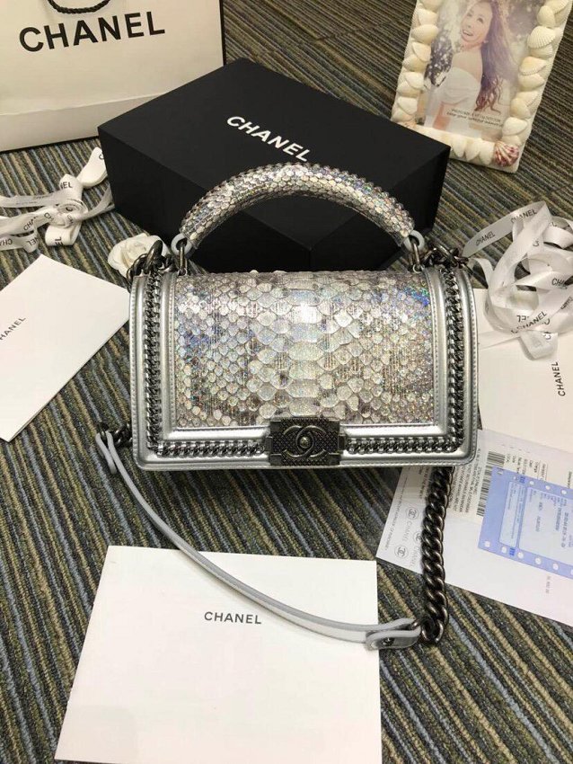 CC original python leather medium le boy handbag A94804 silver