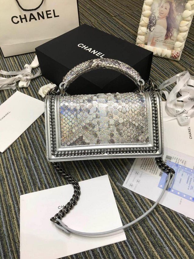 CC original python leather medium le boy handbag A94804 silver