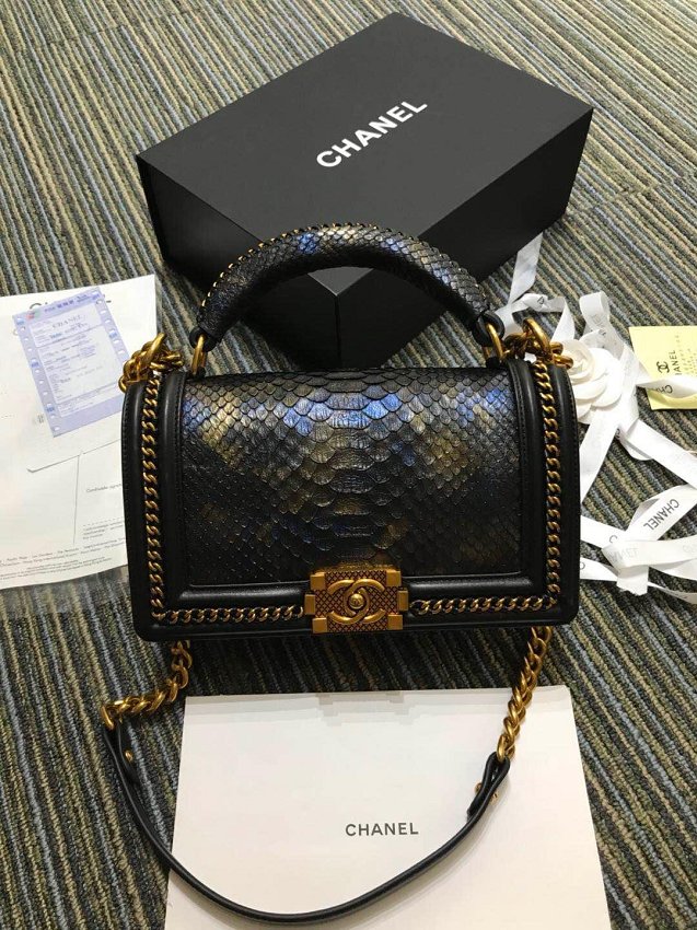 CC original python leather le boy handbag A94804 black&gold