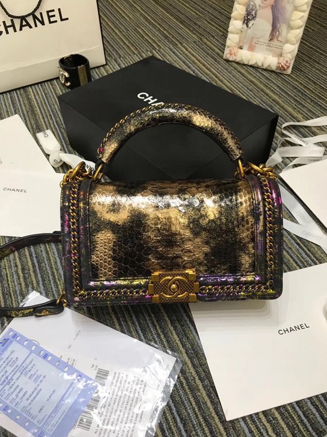 CC original python leather medium le boy handbag A94804 gold&purple