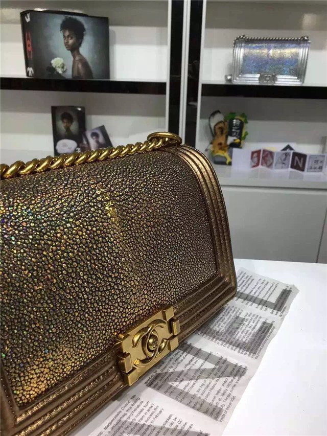 CC original genuine stingray skin boy bag A67086 gold