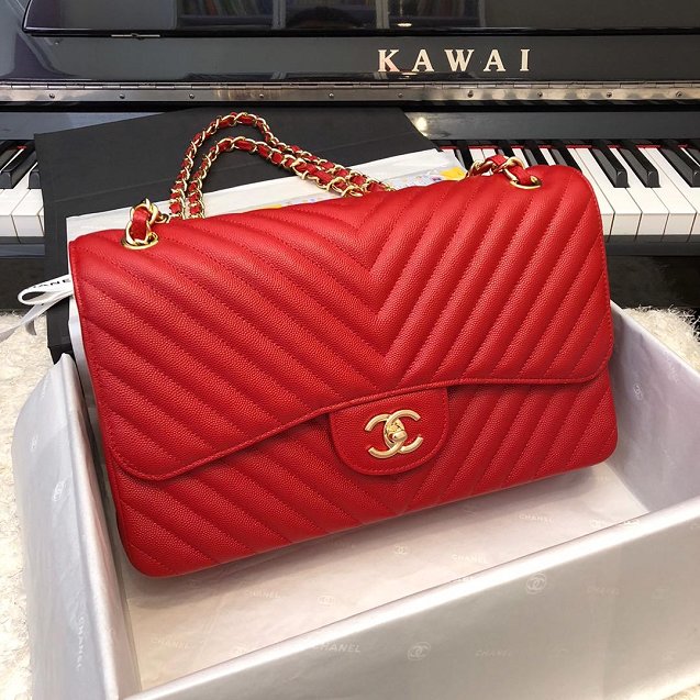 CC original grained calfskin large double flap bag A58600-2 red