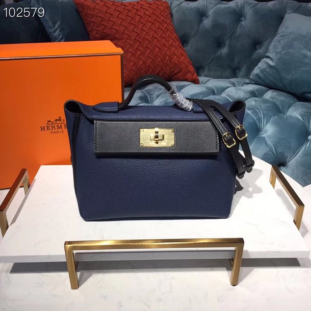 Hermes togo leather small kelly 2424 bag H03698 royal blue&black