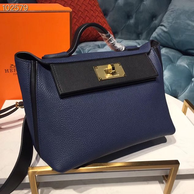 Hermes togo leather small kelly 2424 bag H03698 royal blue&black