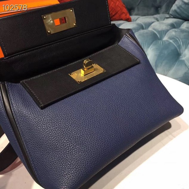 Hermes togo leather small kelly 2424 bag H03698 royal blue&black