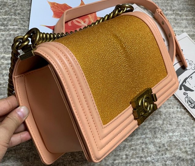 CC original genuine stingray skin boy bag A67086 pink&gold