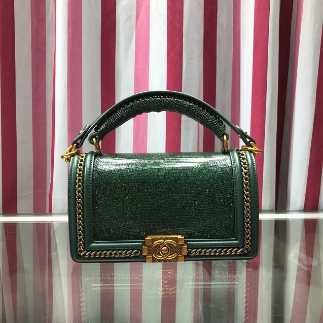 CC original lizard leather boy handbag A94804 blackish green 