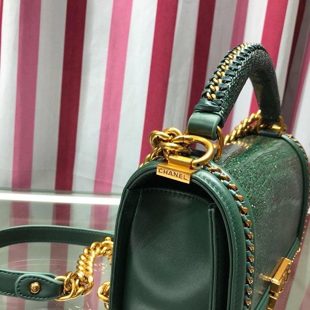 CC original lizard leather boy handbag A94804 blackish green 