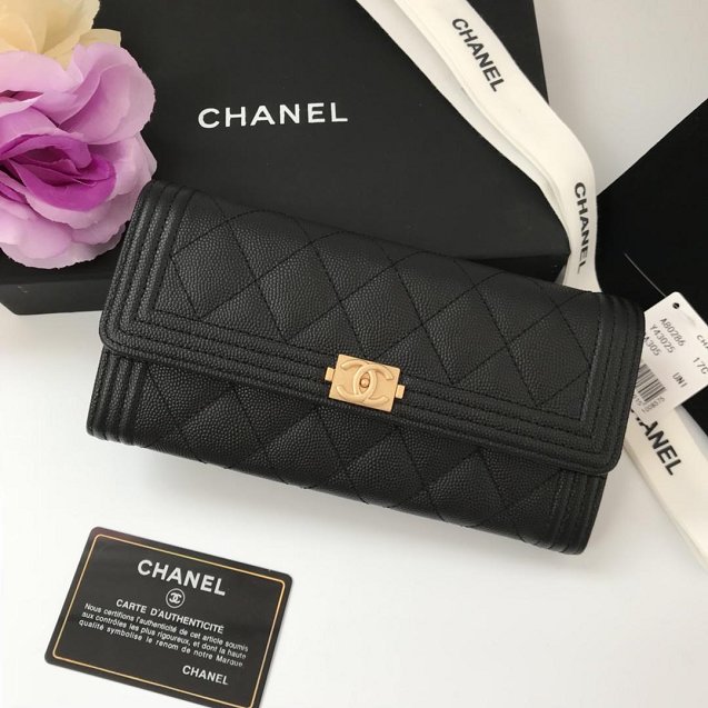 CC grained calfskin boy chanel long flap wallet A80286 black