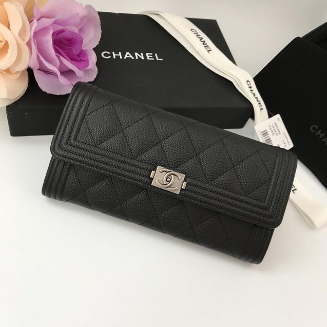 CC grained calfskin boy chanel long flap wallet A80286 black