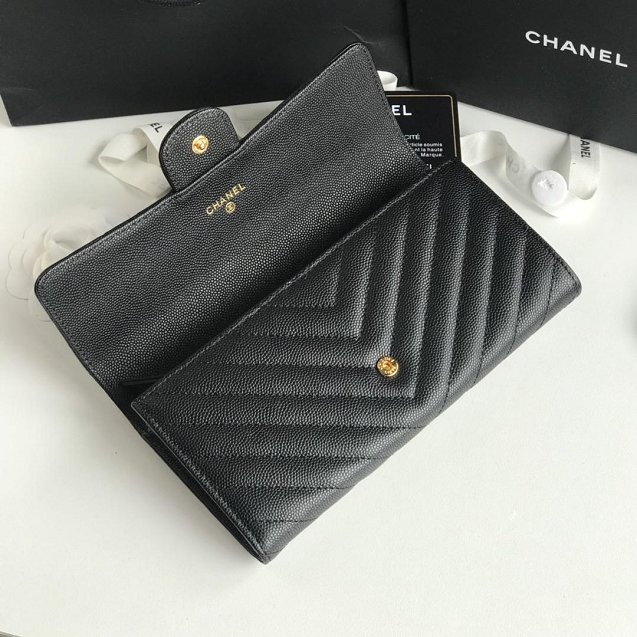 CC grained calfskin classic long flap wallet A80758 black