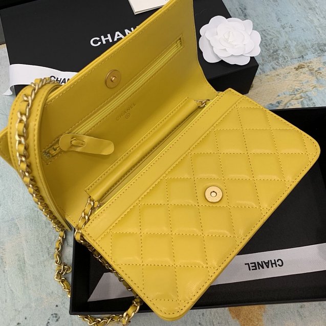 2020 CC original lambskin wallet on chain AP0724 yellow