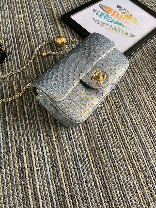 CC original python leather flap bag AS1787 light blue