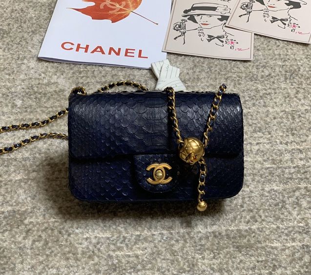 CC original python leather flap bag AS1787 navy blue