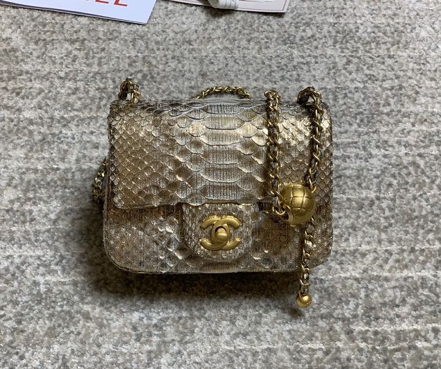 CC original python leather small flap bag AS1786 gold