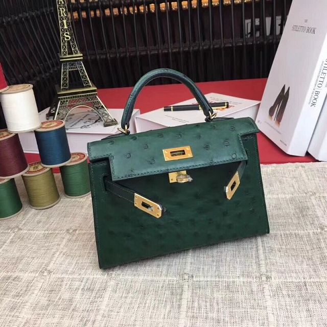 Hermes handmade genuine 100% ostrich leather kelly 19 bag K019 green