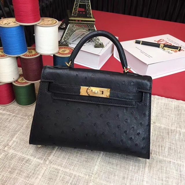 Hermes handmade genuine 100% ostrich leather kelly 19 bag K019 black