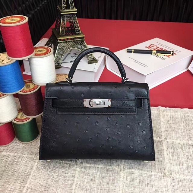 Hermes handmade genuine 100% ostrich leather kelly 19 bag K019 black