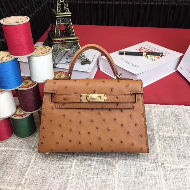 Hermes handmade genuine 100% ostrich leather kelly 19 bag K019 coffee