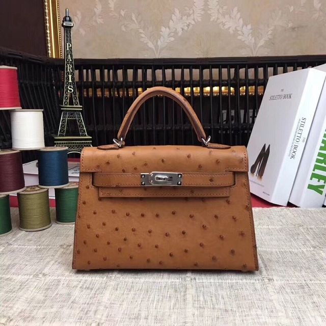 Hermes handmade genuine 100% ostrich leather kelly 19 bag K019 coffee