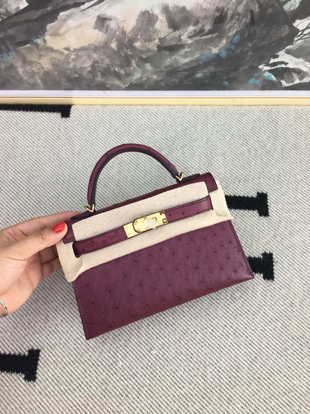 Hermes handmade genuine 100% ostrich leather kelly 19 bag K019 purple