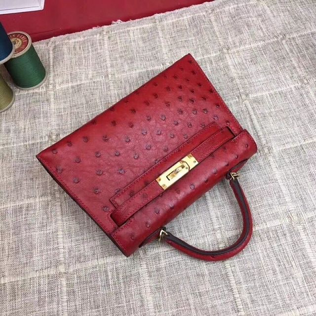 Hermes handmade genuine 100% ostrich leather kelly 19 bag K019 red