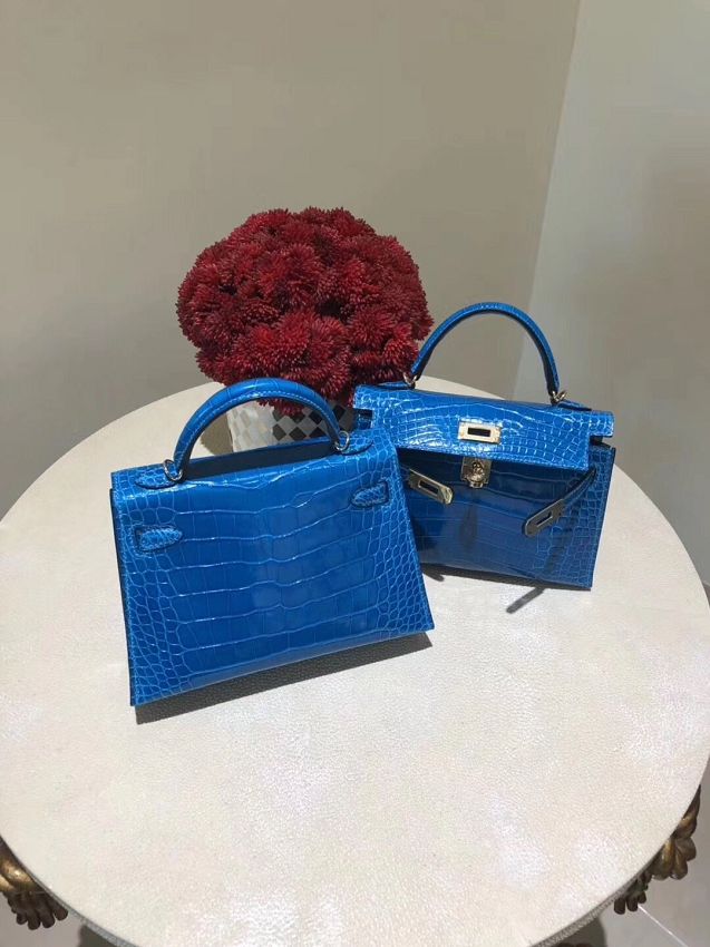 Top hermes 100% genuine crocodile leather mini kelly bag K0019 blue