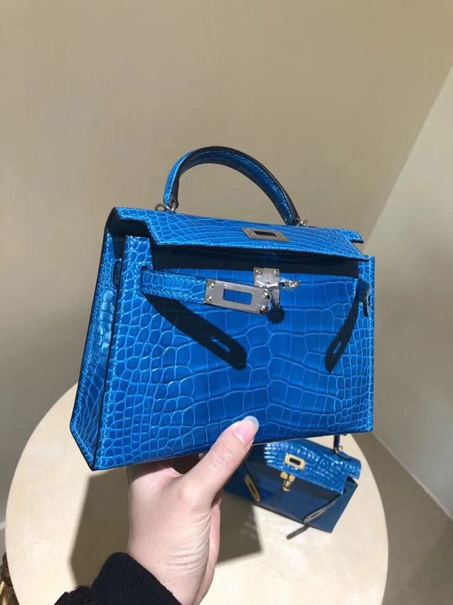 Top hermes 100% genuine crocodile leather mini kelly bag K0019 blue