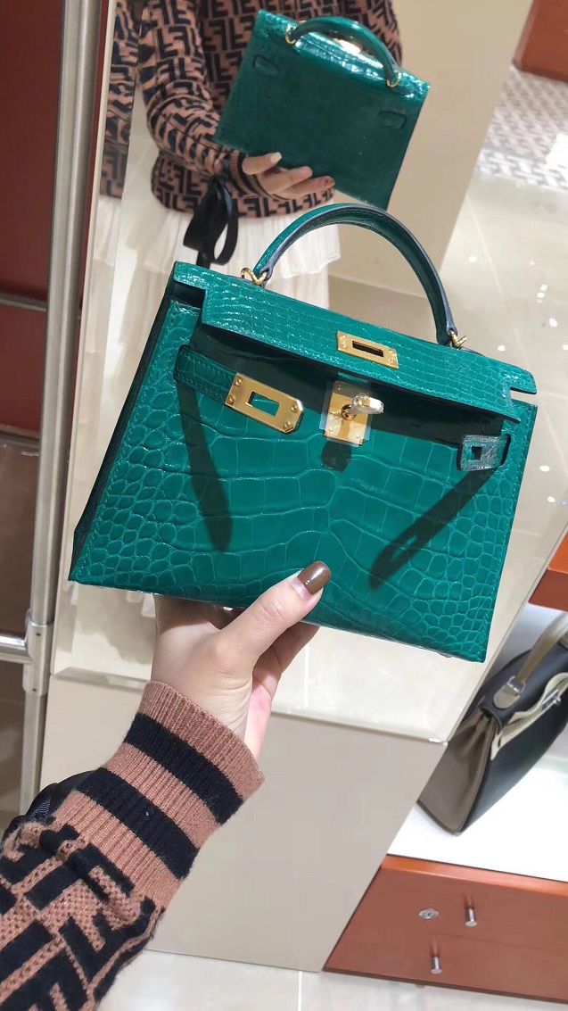 Top hermes 100% genuine crocodile leather mini kelly bag K0019 emerald