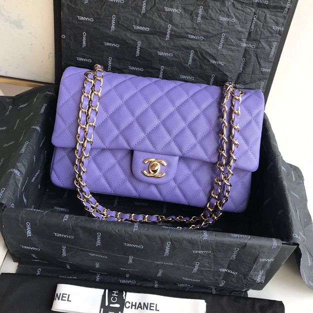 CC original grained calfskin medium flap bag A01112 purple