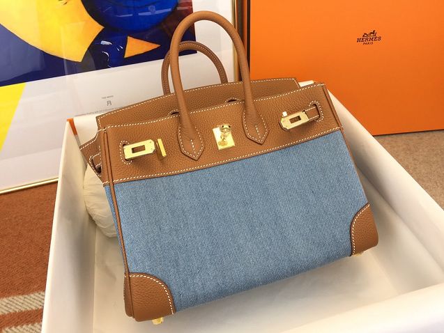 Hermes handmade original calfskin&canvas birkin bag BK00037 blue&brown