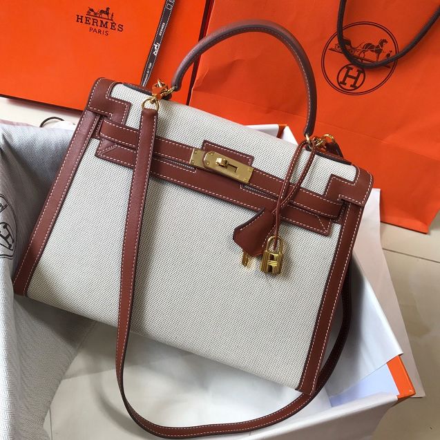 Hermes handmade original calfskin&canvas kelly bag K00032 