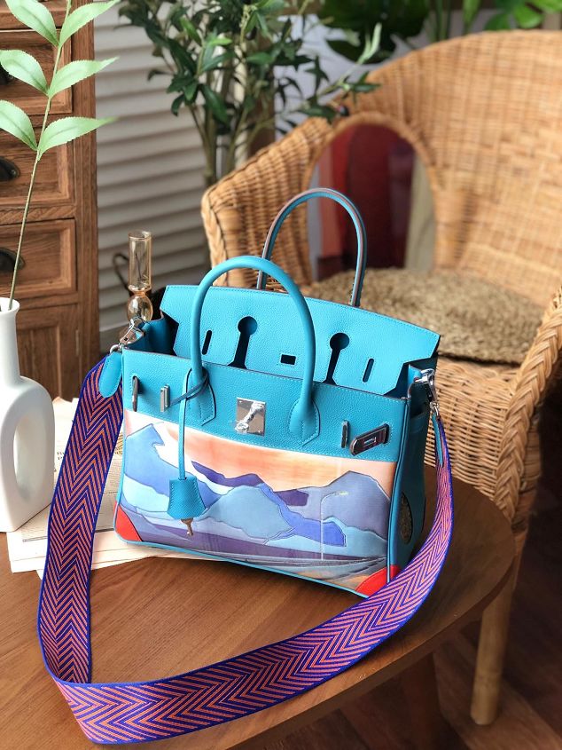 Hermes handmade original print calfskin birkin bag BK00035-1 blue