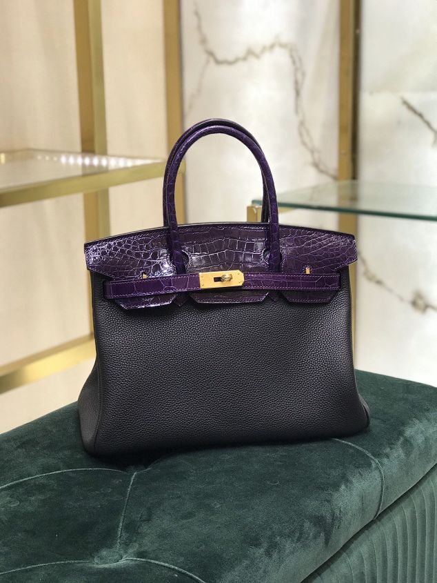 Hermes handmade original crocodile leather&calfskin birkin bag BK0035 black&purple