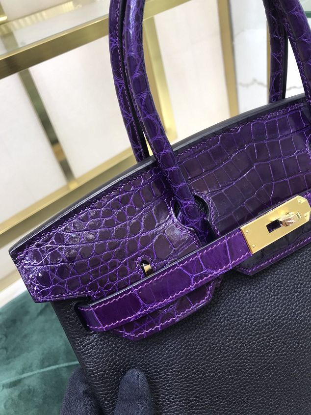 Hermes handmade original crocodile leather&calfskin birkin bag BK0035 black&purple