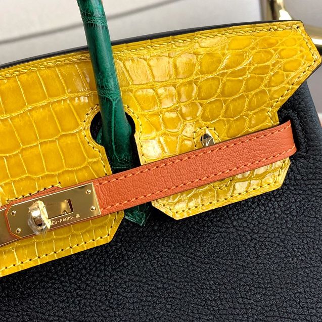 Hermes handmade original crocodile leather&calfskin birkin bag BK0035 black&yellow