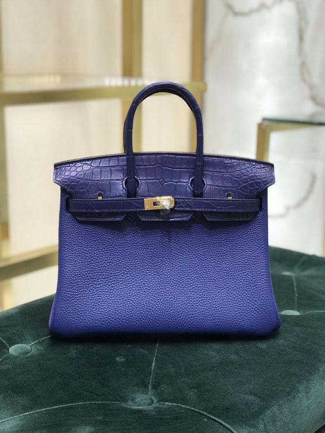 Hermes handmade original crocodile leather&calfskin birkin bag BK0035 blue