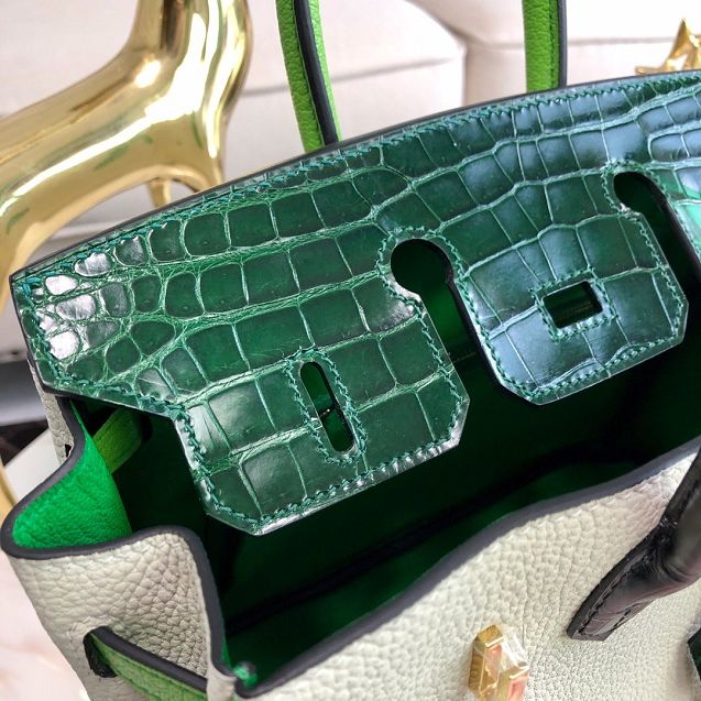 Hermes handmade original crocodile leather&calfskin birkin bag BK0035 white&green