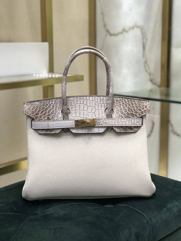 Hermes handmade original crocodile leather&calfskin birkin bag BK0035 white&grey