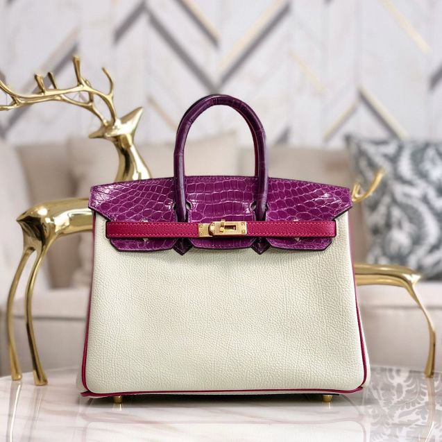 Hermes handmade original crocodile leather&calfskin birkin bag BK0035 white&purple