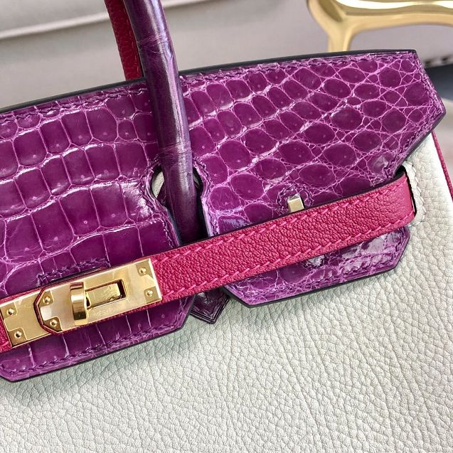 Hermes handmade original crocodile leather&calfskin birkin bag BK0035 white&purple