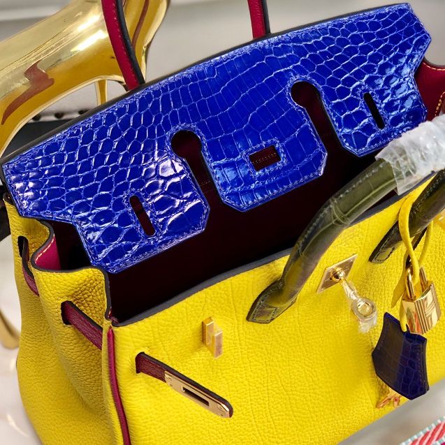 Hermes handmade original crocodile leather&calfskin birkin bag BK0035 yellow&blue