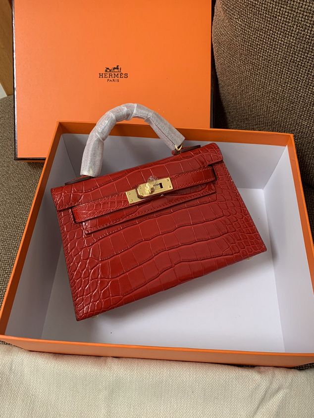 Hermes original crocodile veins calfskin mini kelly 19 bag K0019