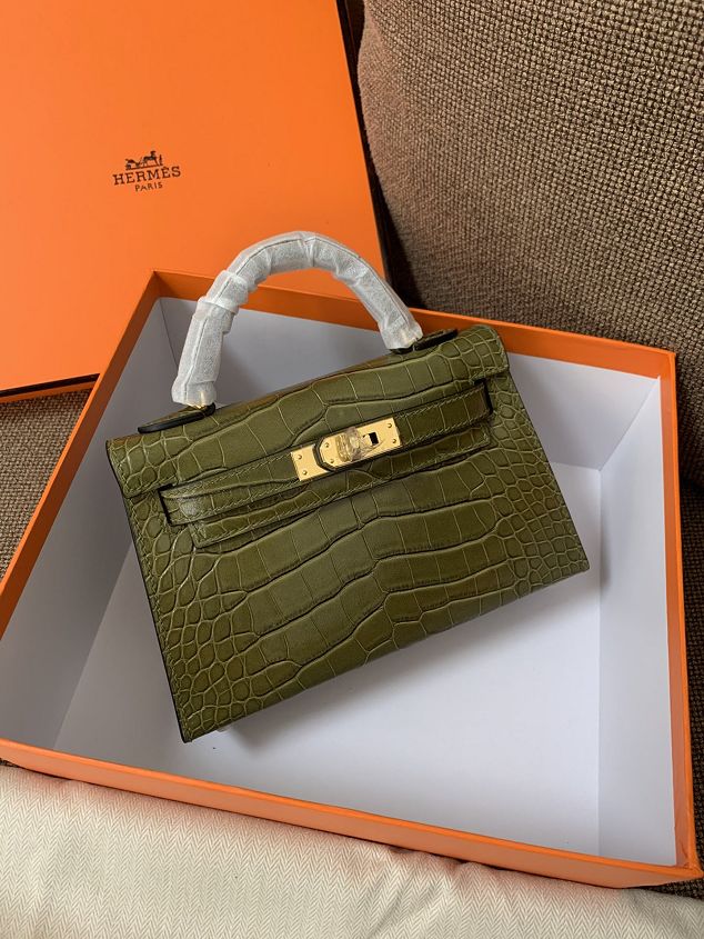 Hermes original crocodile veins calfskin mini kelly 19 bag K0019