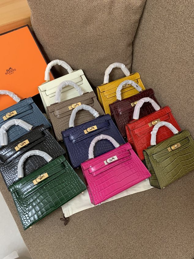 Hermes original crocodile veins calfskin mini kelly 19 bag K0019