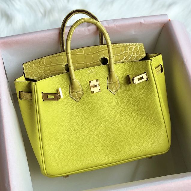 Hermes handmade original crocodile leather&calfskin birkin bag BK0035 yellow