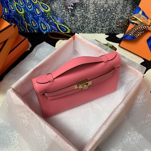 Hermes original epsom leather mini kelly 22 clutch K012 pink