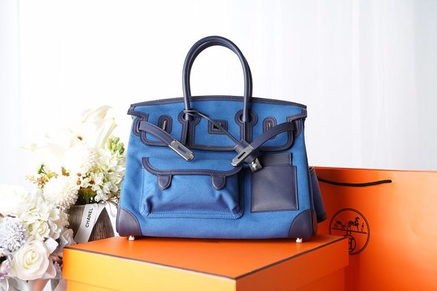 Hermes original canvas birkin 35 cargo bag BK0038 blue