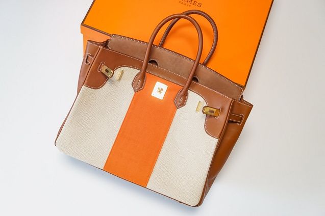 Hermes handmade original calfskin&canvas birkin bag BK00037 white&orange&caramel