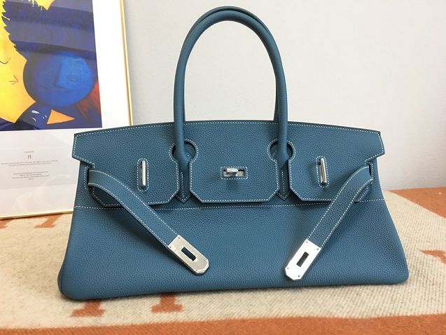 Hermes original calfskin birkin 42 shoulder bag BK0058 denim blue